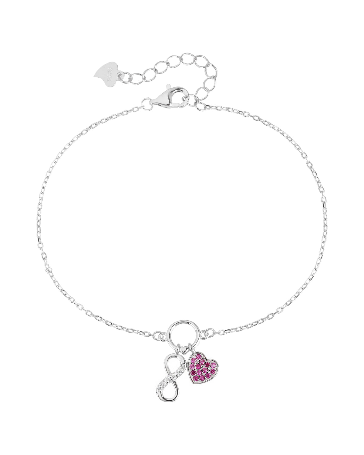 Pulsera sencilla de corazón e infinito con circonia 17+3cm en rodizado