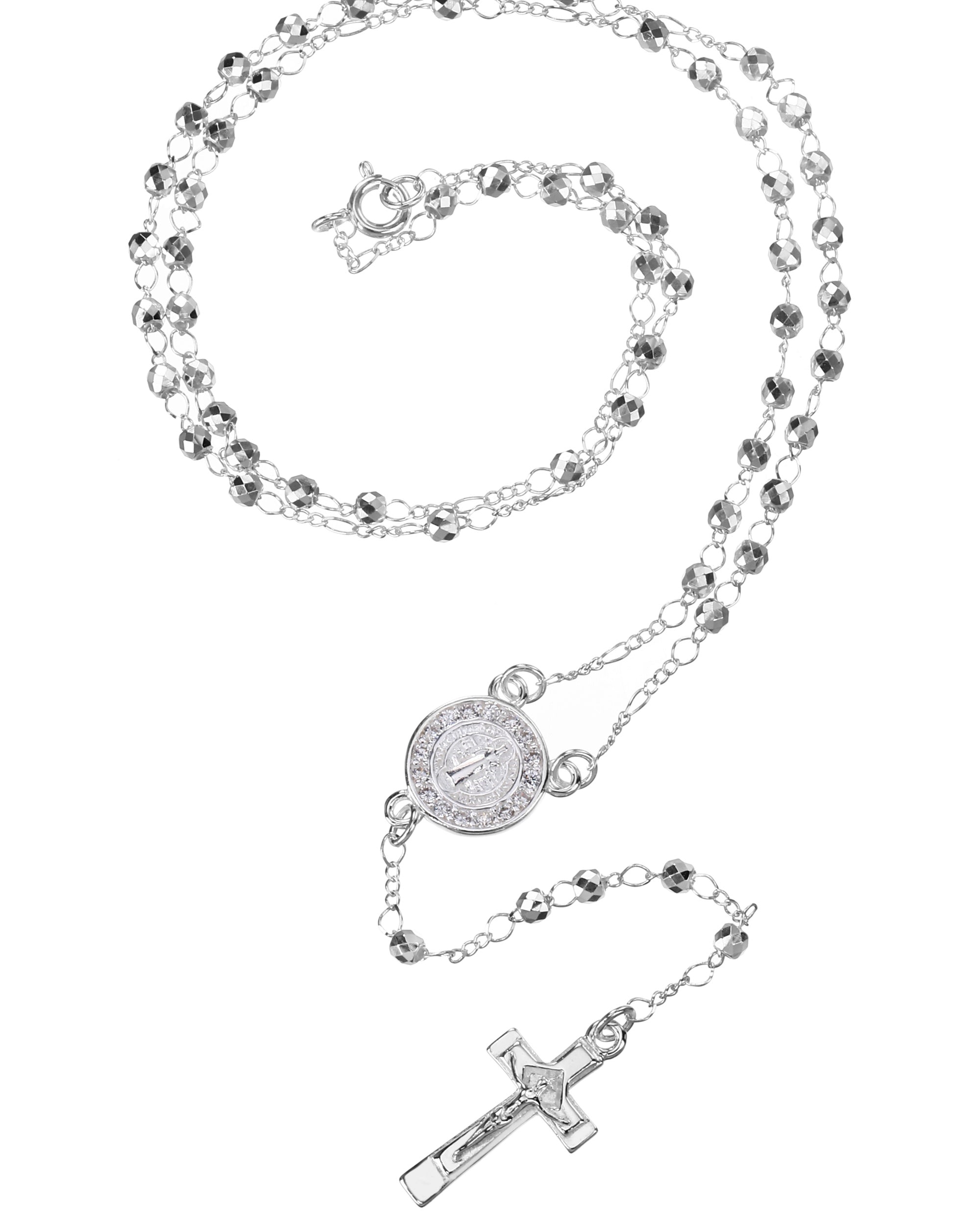Rosario de San Benito con circonia blanca 3mm en plateado