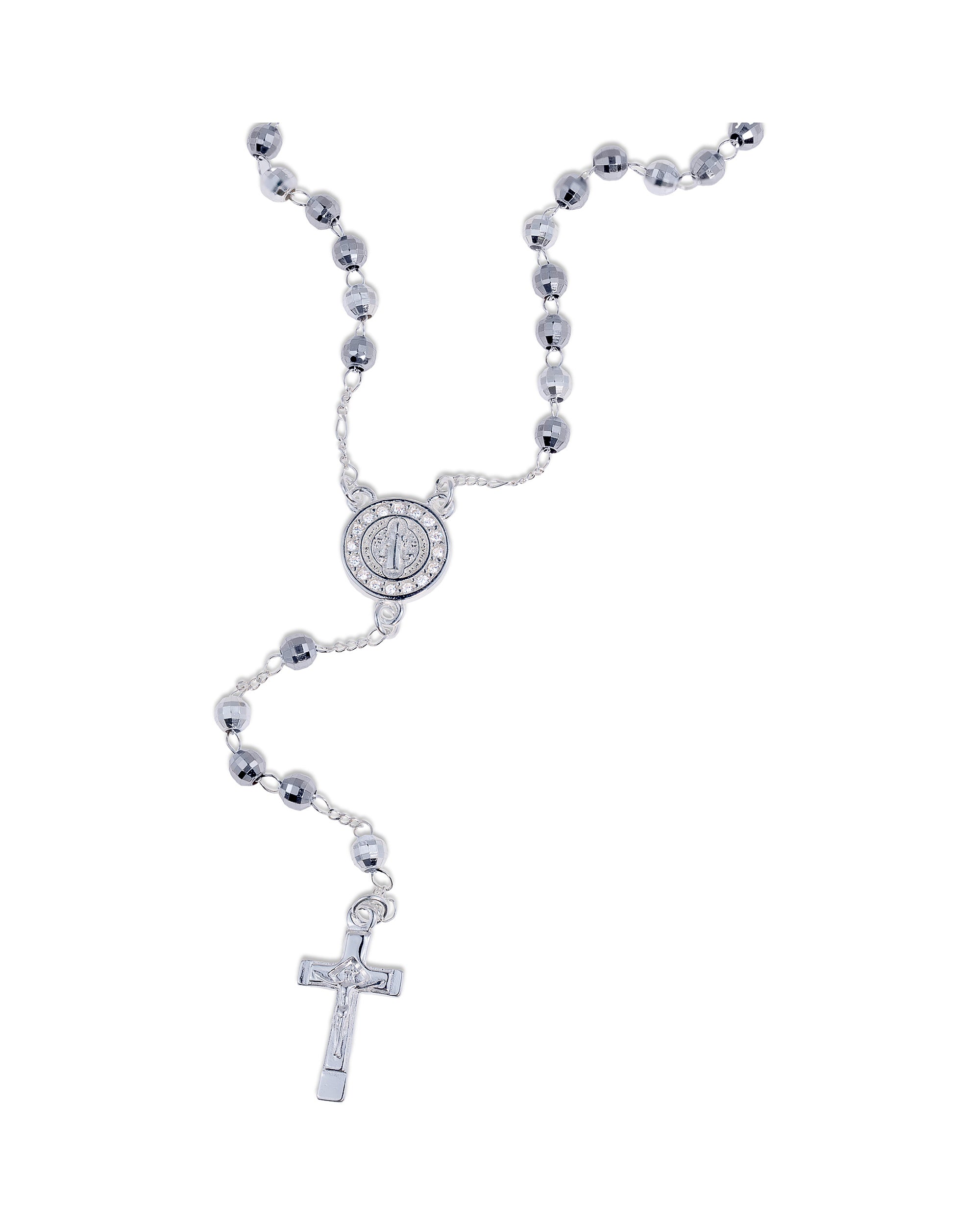 Rosario de San Benito con circonia blanca 4mm en plateado
