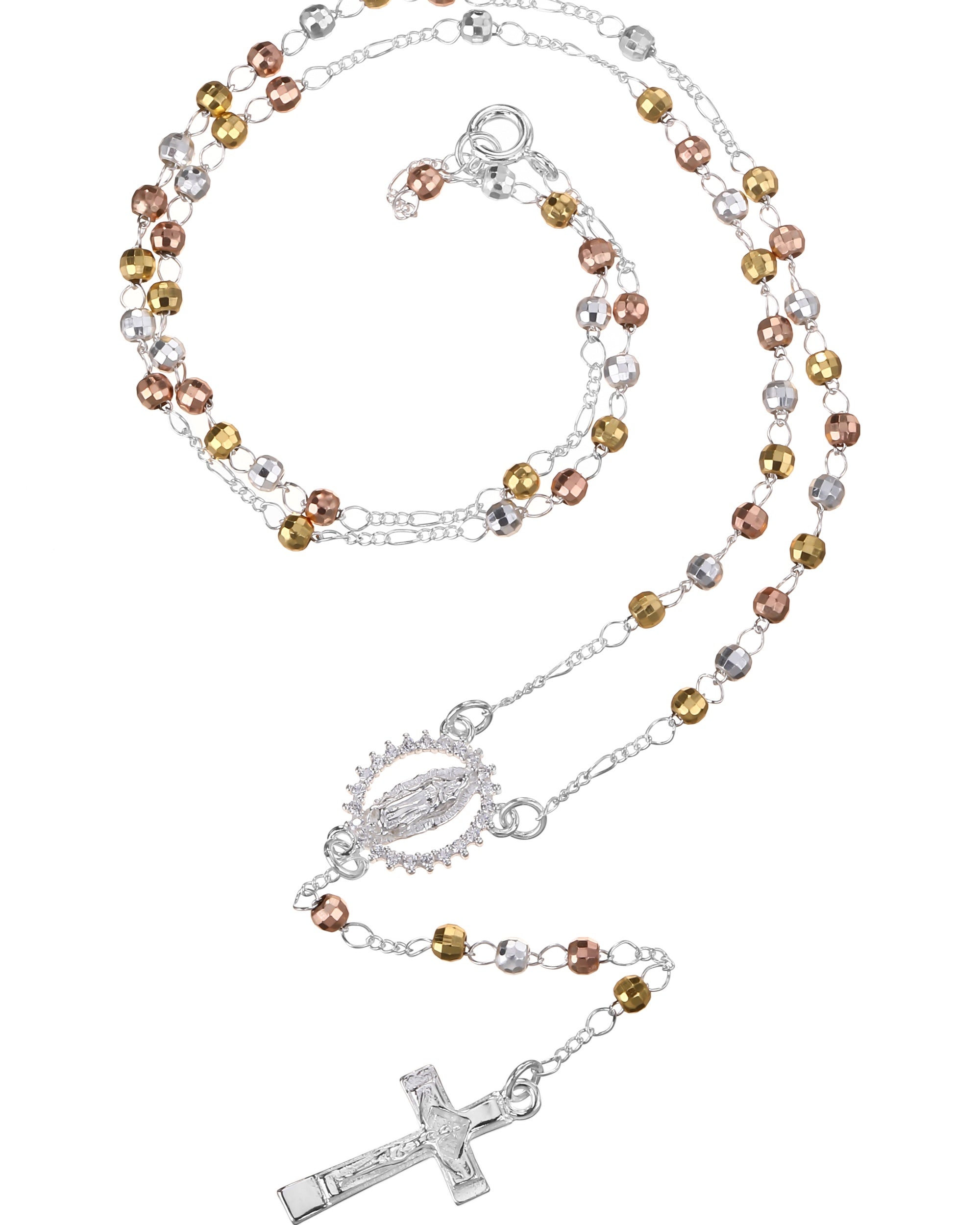 Rosario de Virgen de Guadalupe con circonia blanca 3mm en florentino