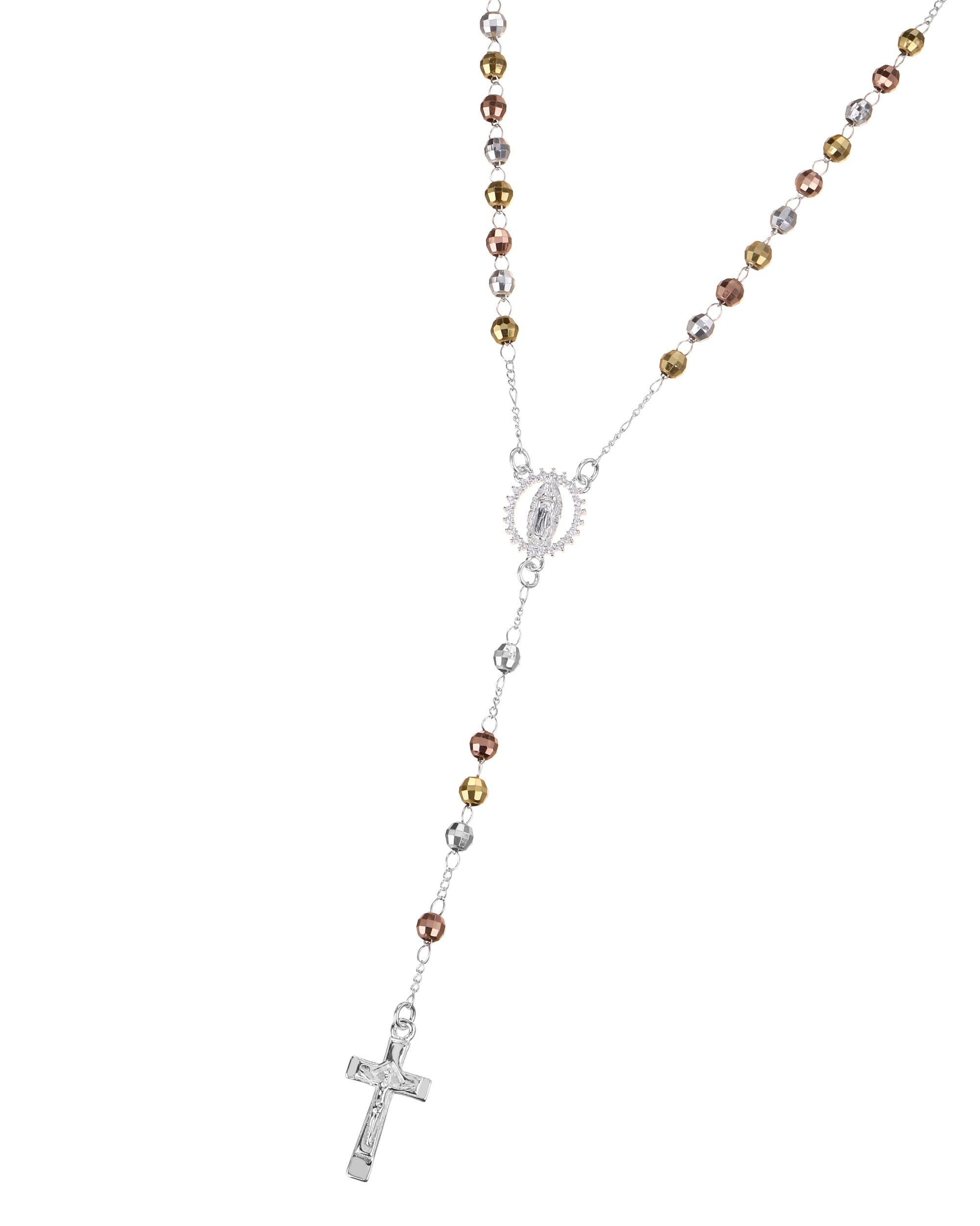 Rosario de Virgen de Guadalupe con circonia blanca 4mm en florentino