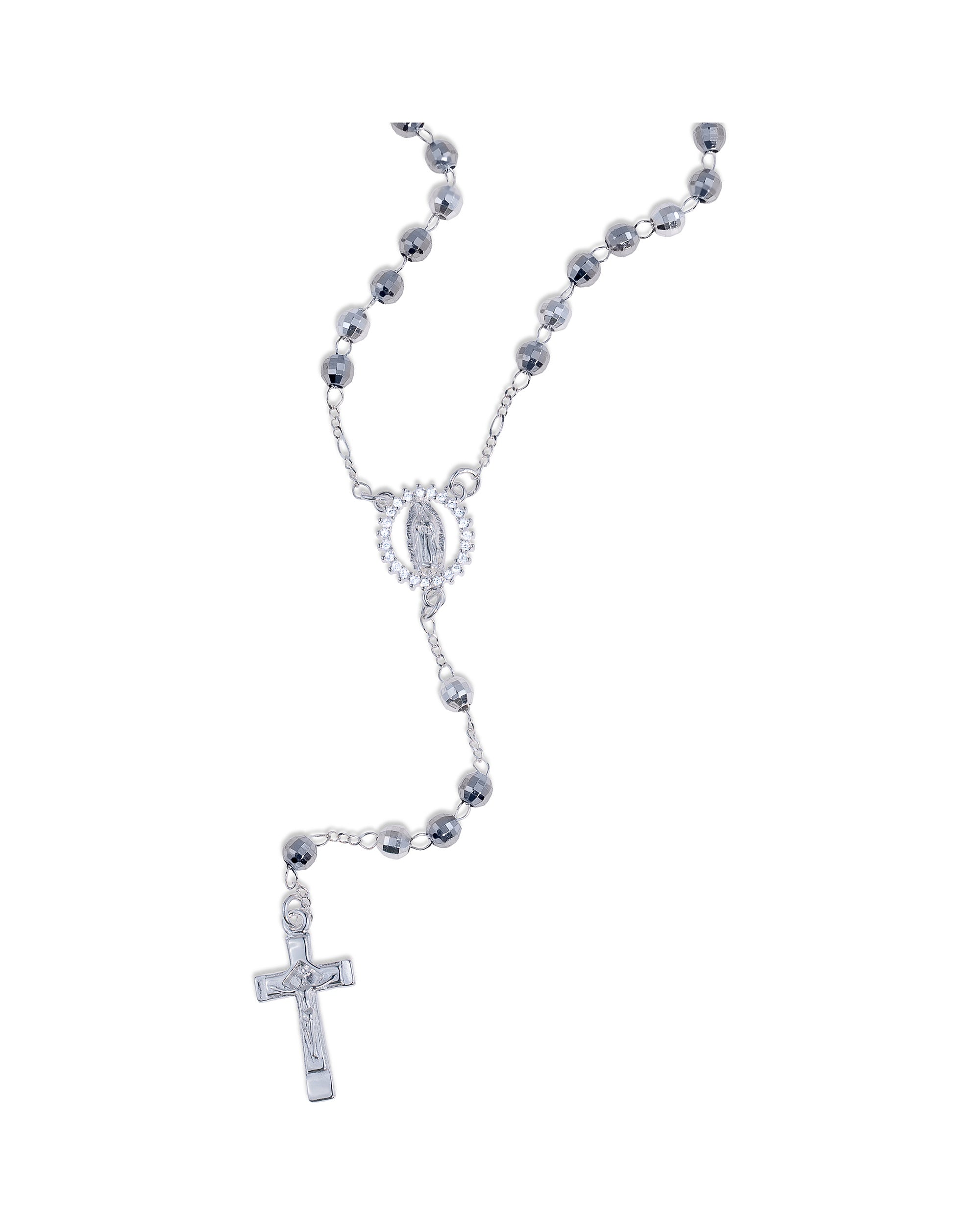 Rosario de Virgen de Guadalupe con circonia blanca 4mm en plateado