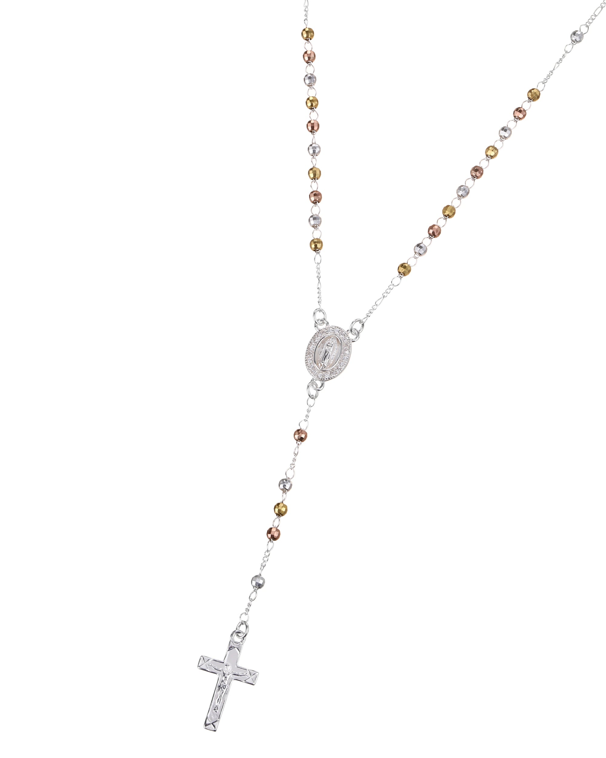Rosario de Virgen de Guadalupe con circonia blanca 3mm en florentino