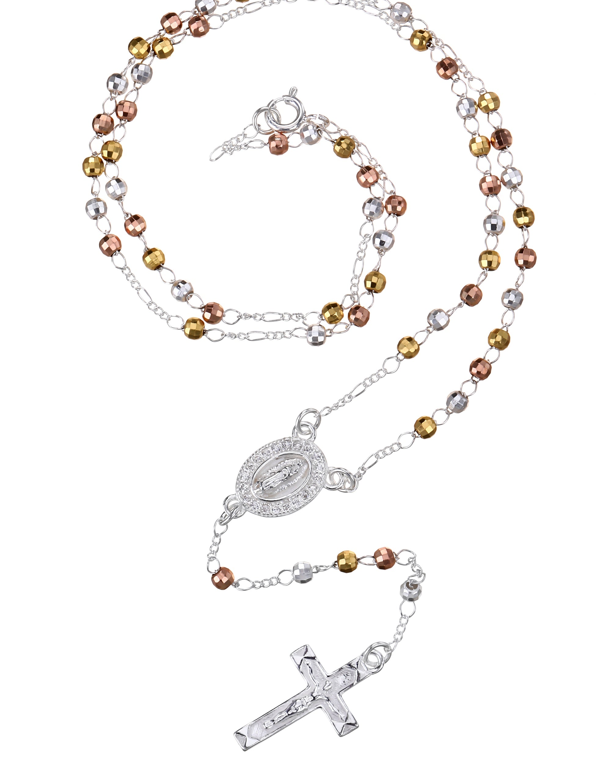 Rosario de Virgen de Guadalupe con circonia blanca 3mm en florentino