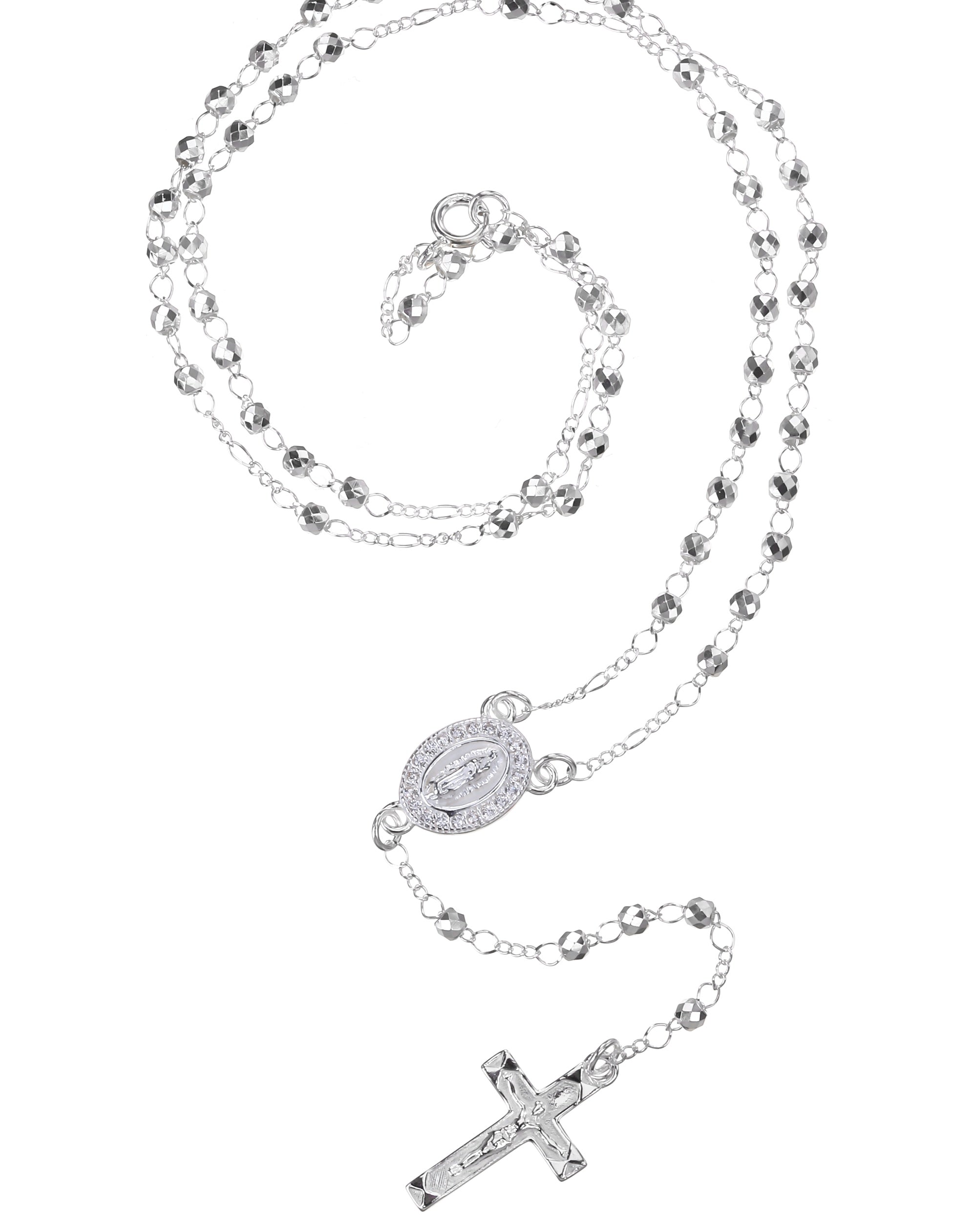 Rosario de Virgen de Guadalupe con circonia blanca 3mm en plateado