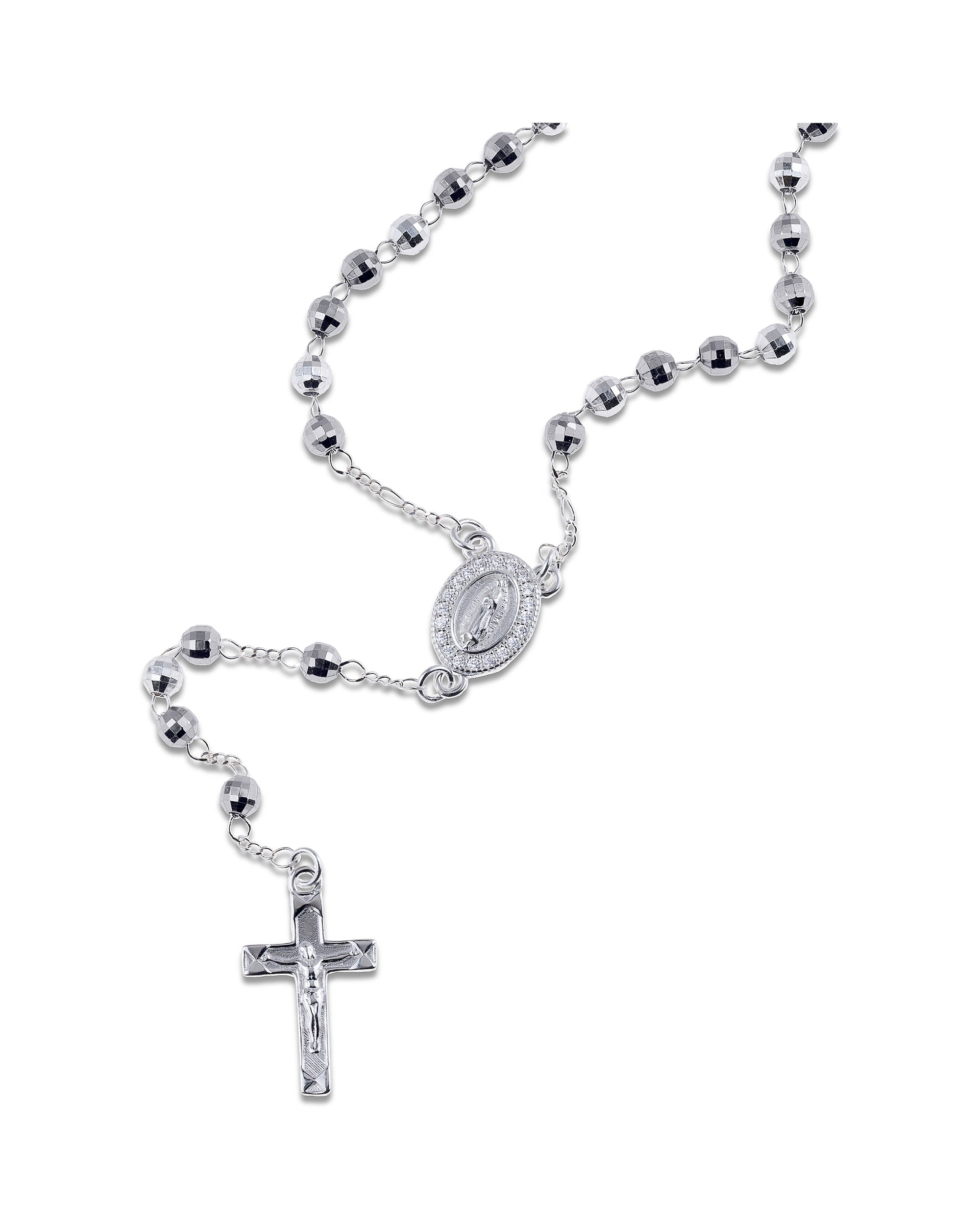 Rosario de Virgen de Guadalupe con circonia blanca 4mm en plateado
