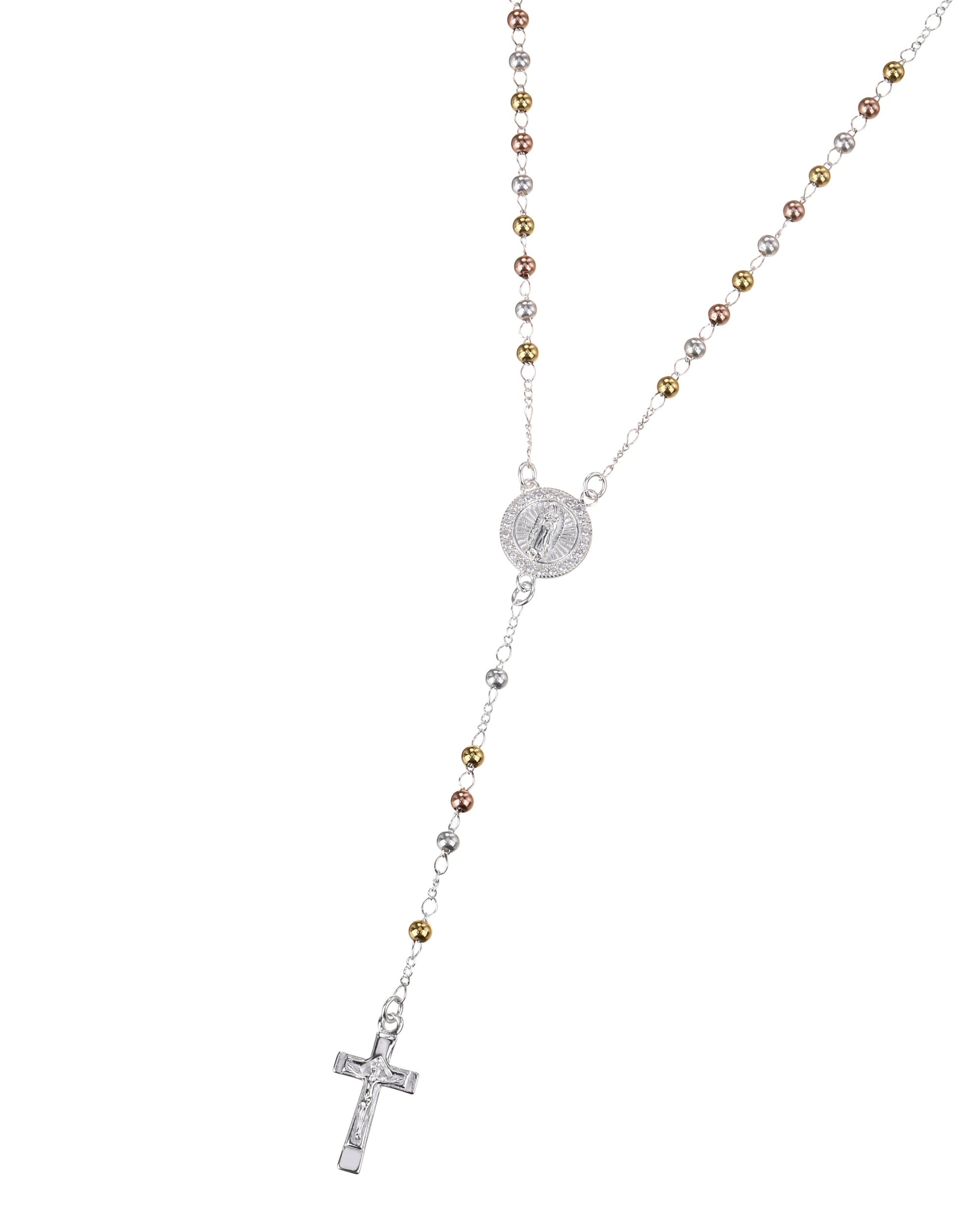 Rosario de Virgen de Guadalupe con circonia blanca 3mm en florentino