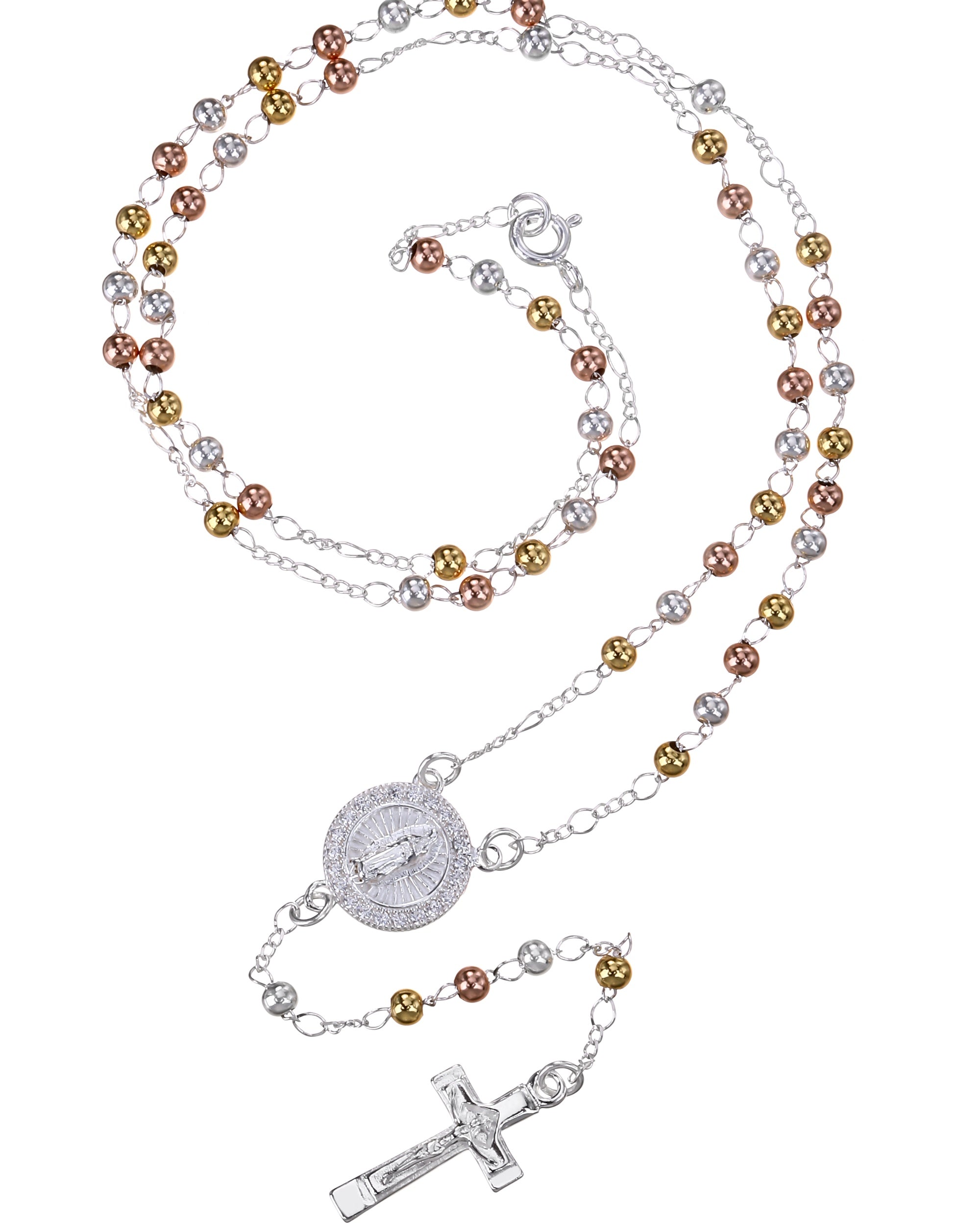 Rosario de Virgen de Guadalupe con circonia blanca 3mm en florentino