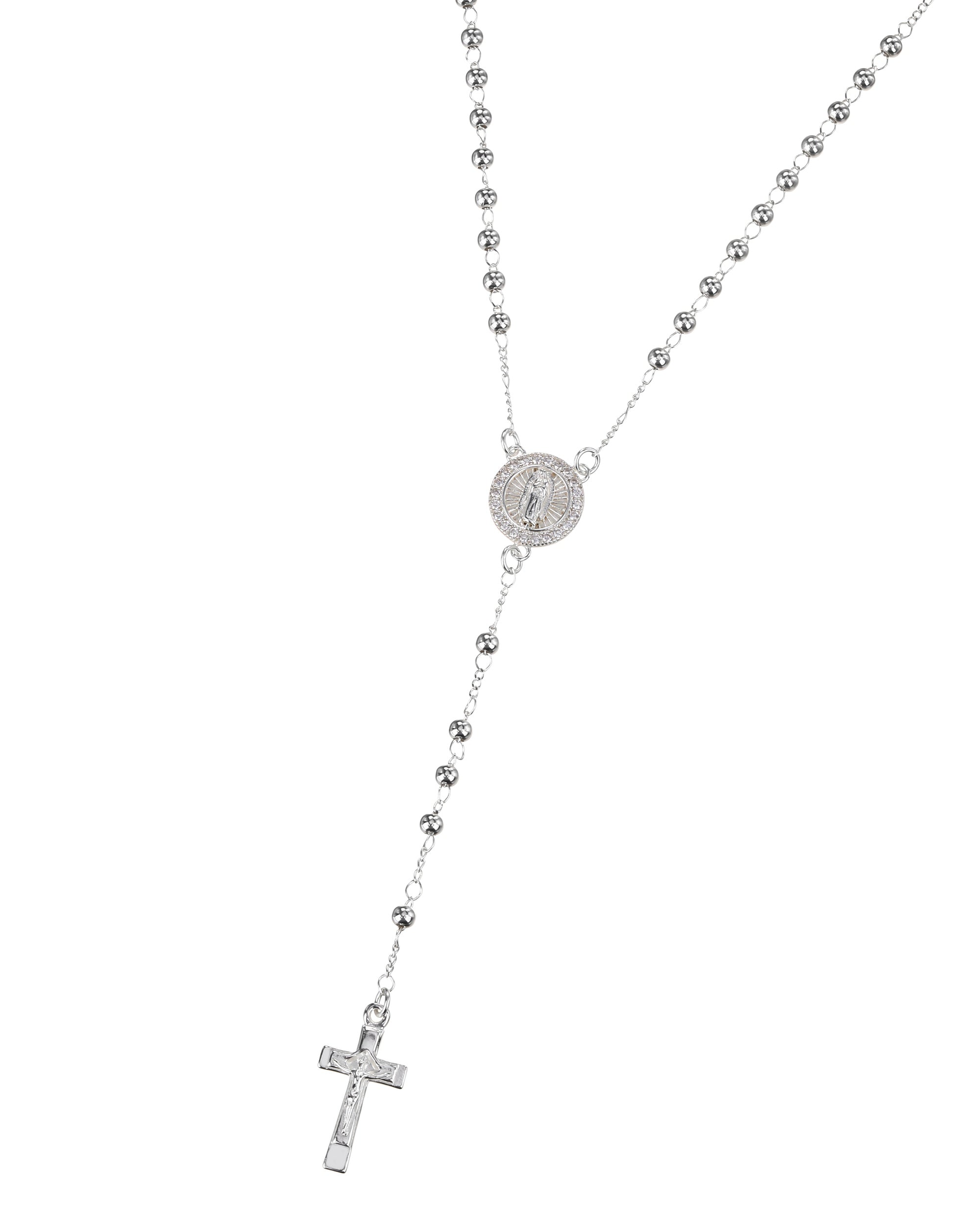 Rosario de Virgen de Guadalupe con circonia blanca 3mm en plateado