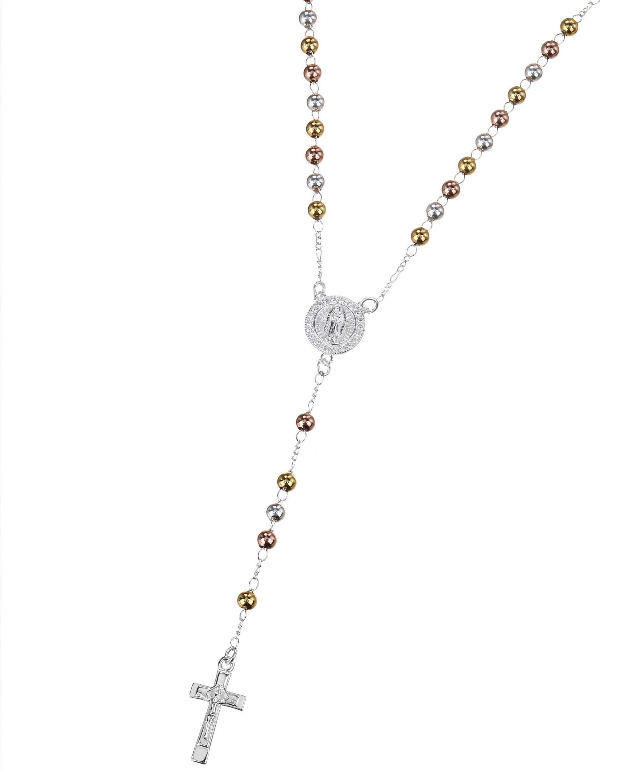 Rosario de Virgen de Guadalupe con circonia blanca 4mm en florentino