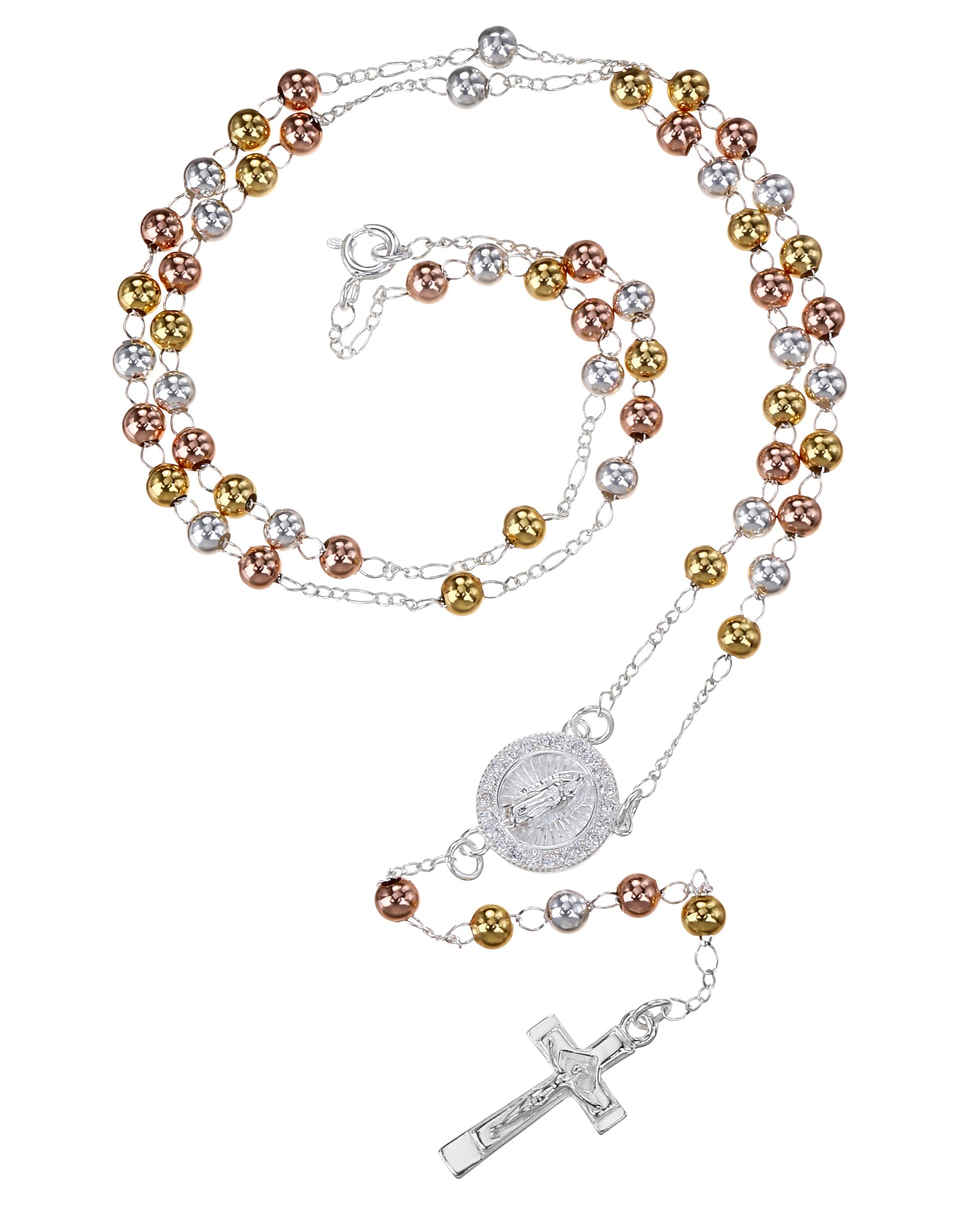 Rosario de Virgen de Guadalupe con circonia blanca 4mm en florentino
