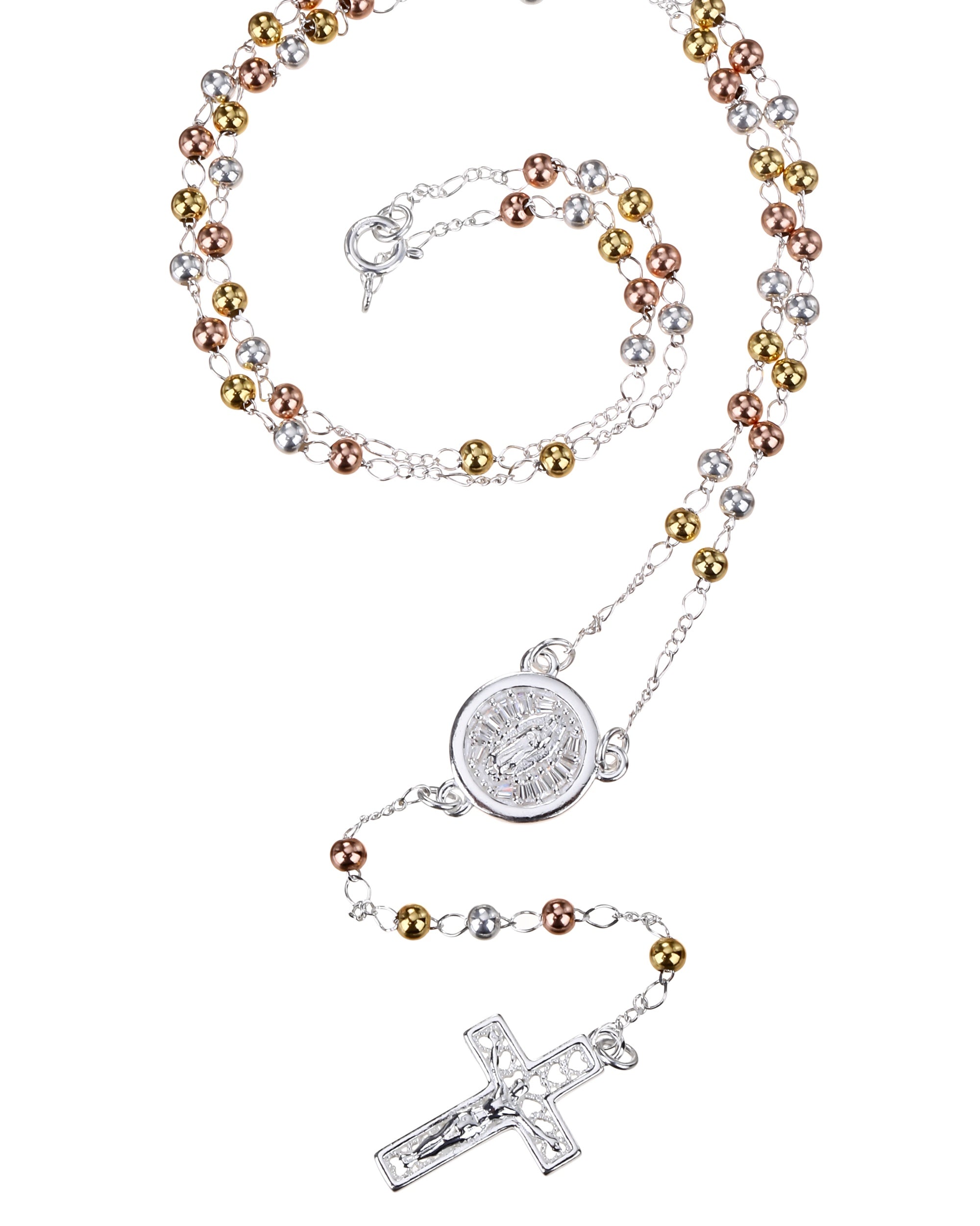 Rosario de Virgen de Guadalupe con circonia blanca 3mm en florentino
