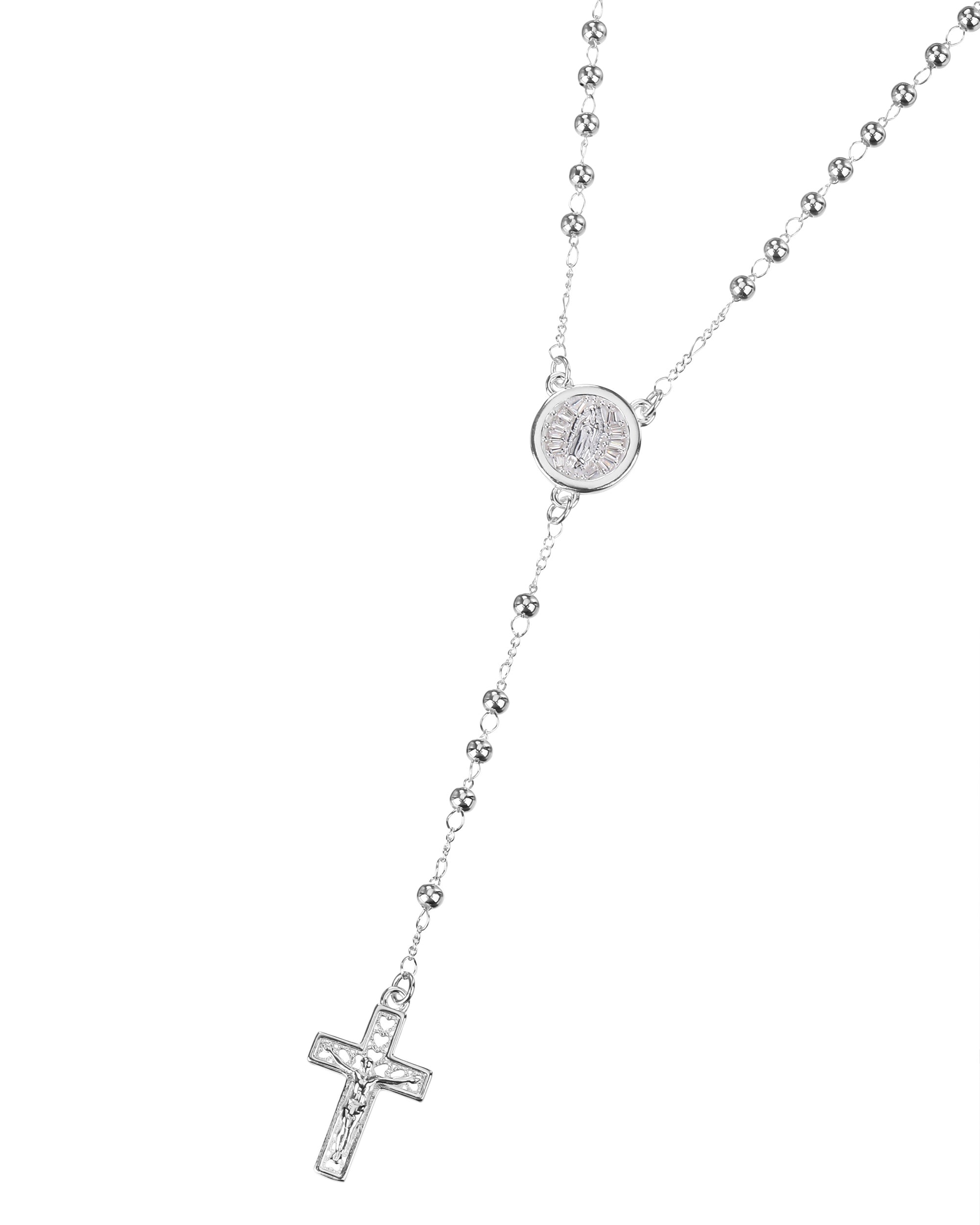 Rosario de Virgen de Guadalupe con circonia blanca 3mm en plateado