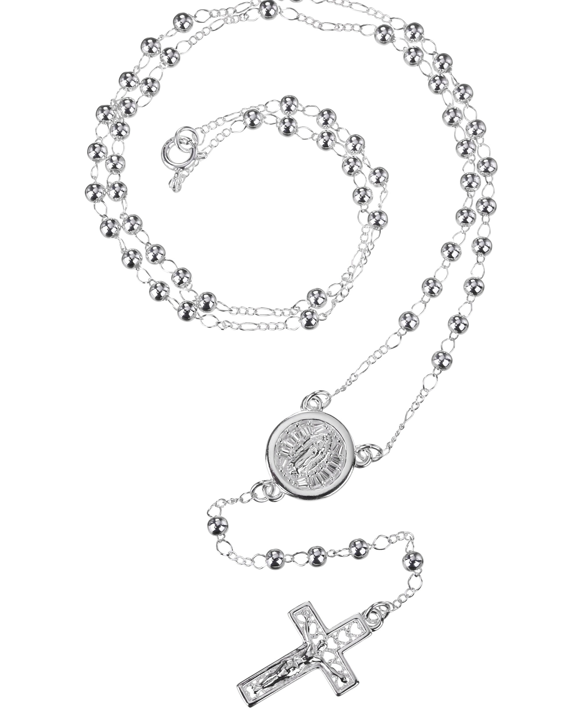 Rosario de Virgen de Guadalupe con circonia blanca 3mm en plateado