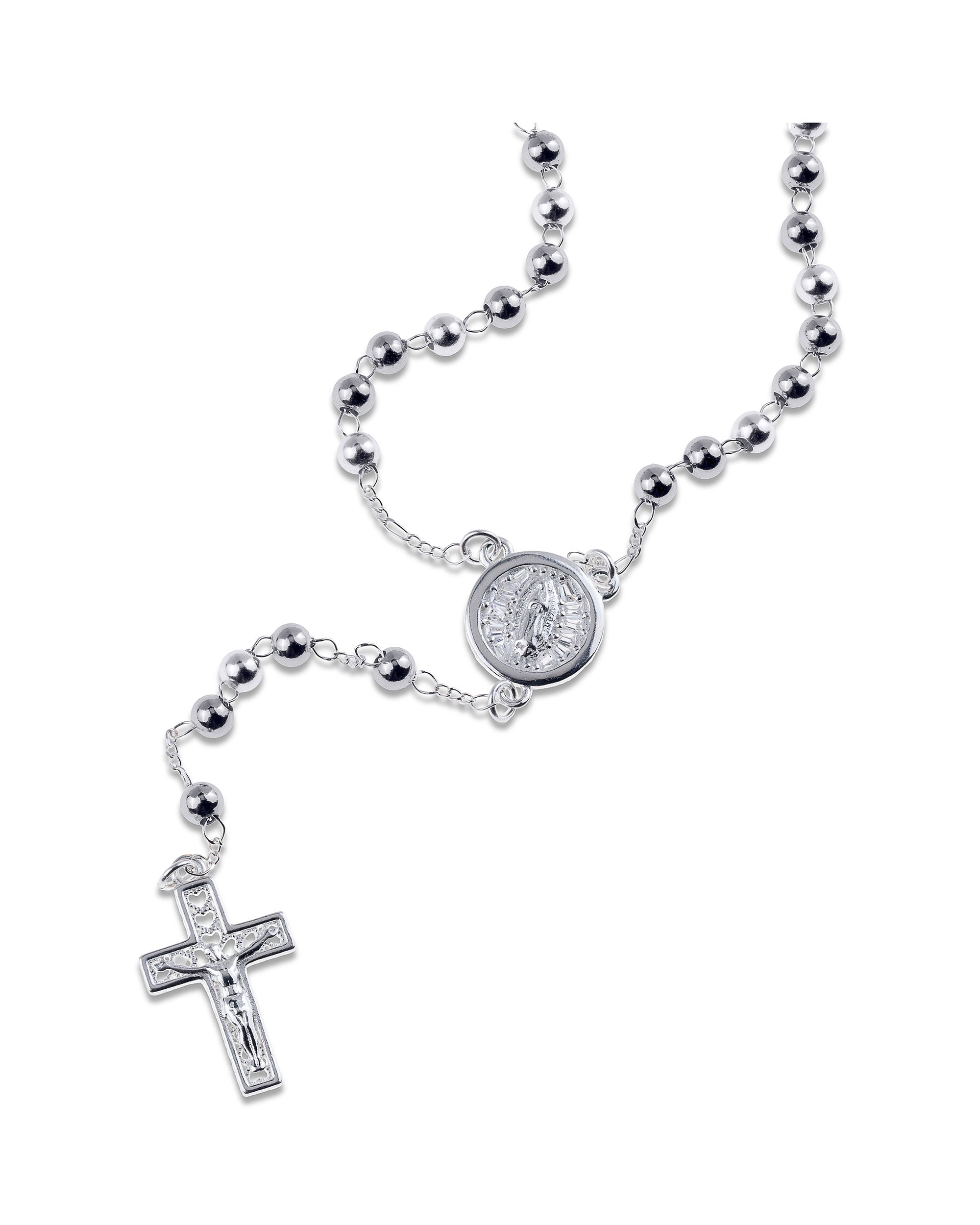 Rosario de Virgen de Guadalupe con circonia blanca 4mm en plateado