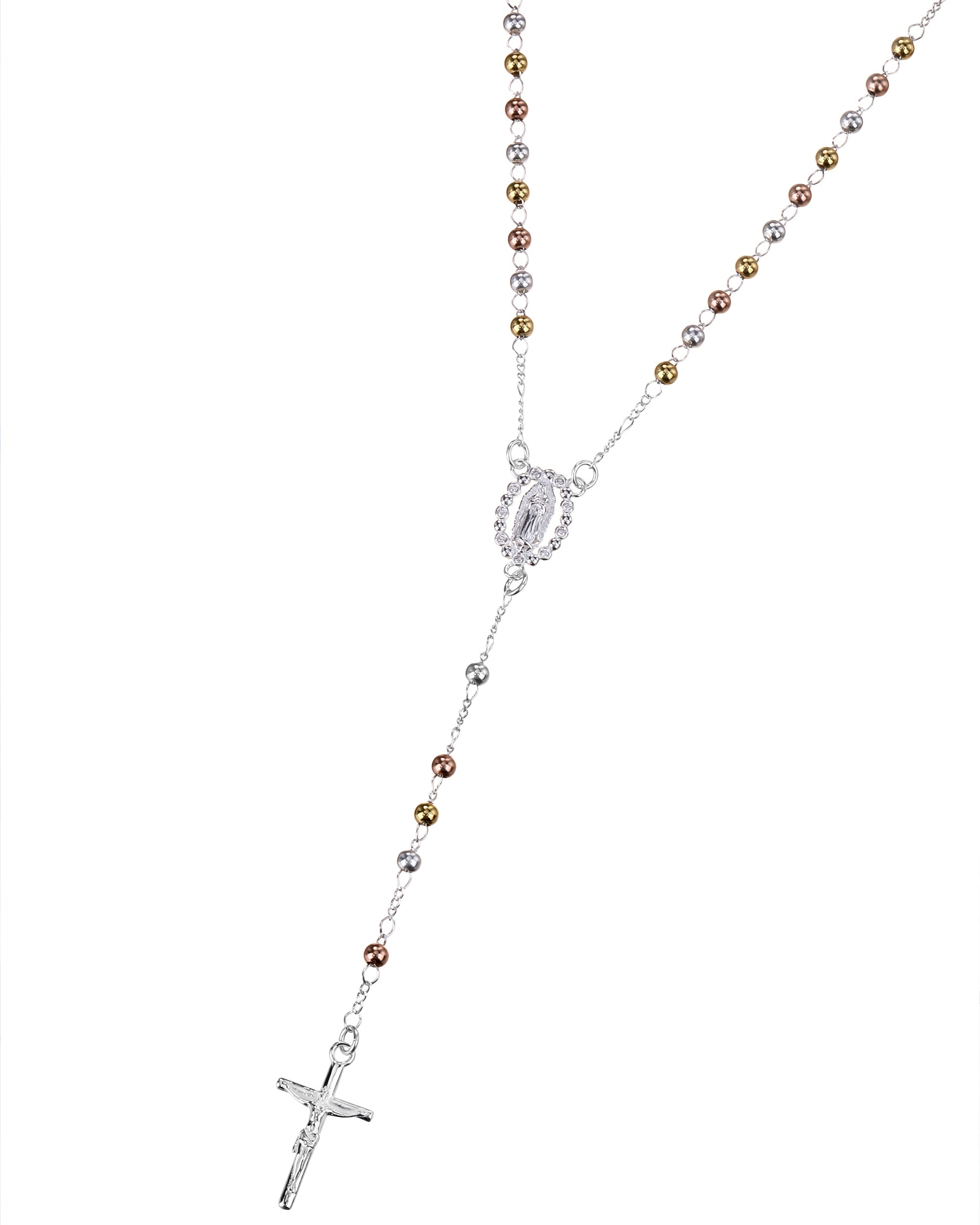 Rosario de Virgen de Guadalupe con circonia blanca 3mm en florentino
