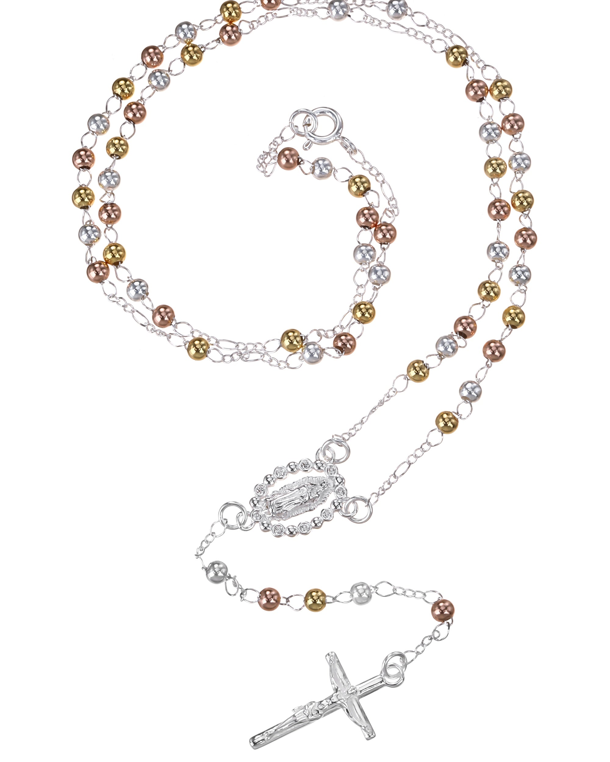 Rosario de Virgen de Guadalupe con circonia blanca 3mm en florentino