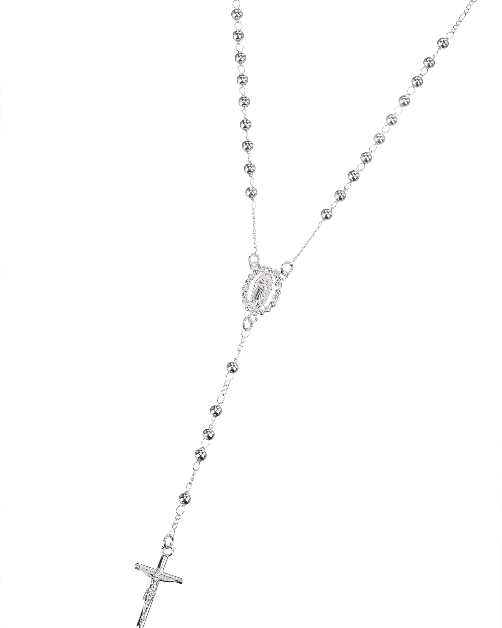 Rosario de Virgen de Guadalupe con circonia blanca 3mm en plateado