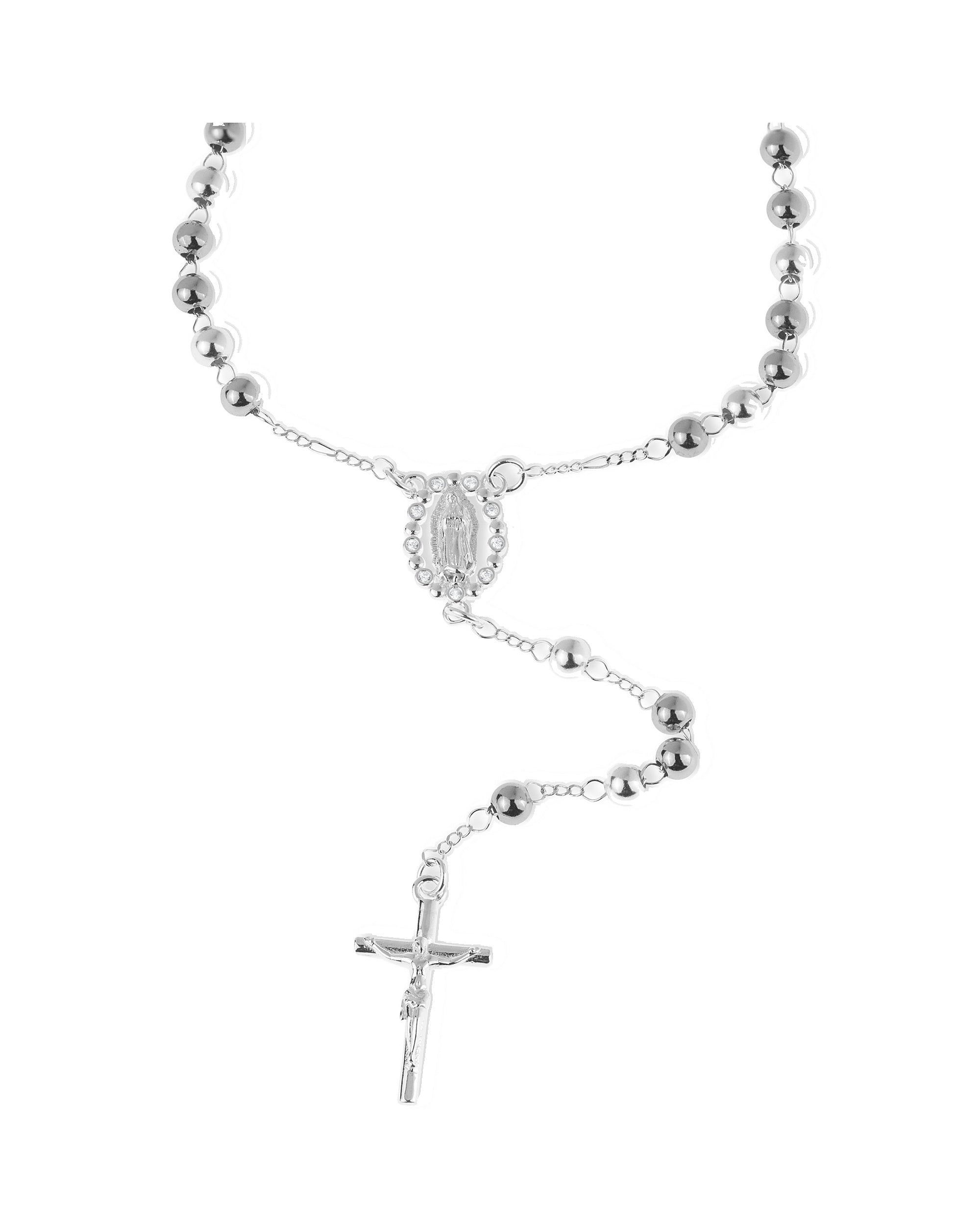 Rosario de Virgen de Guadalupe con circonia blanca 4mm en plateado