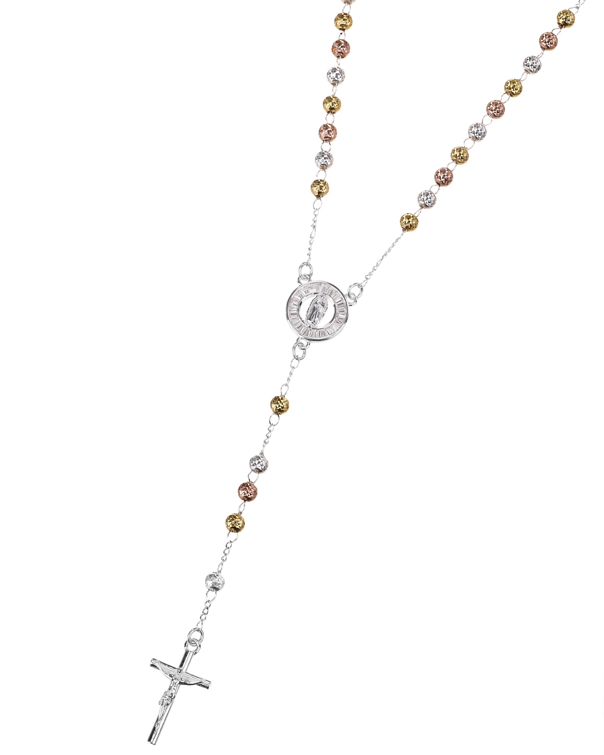 Rosario de Virgen de Guadalupe con circonia blanca 4mm en florentino