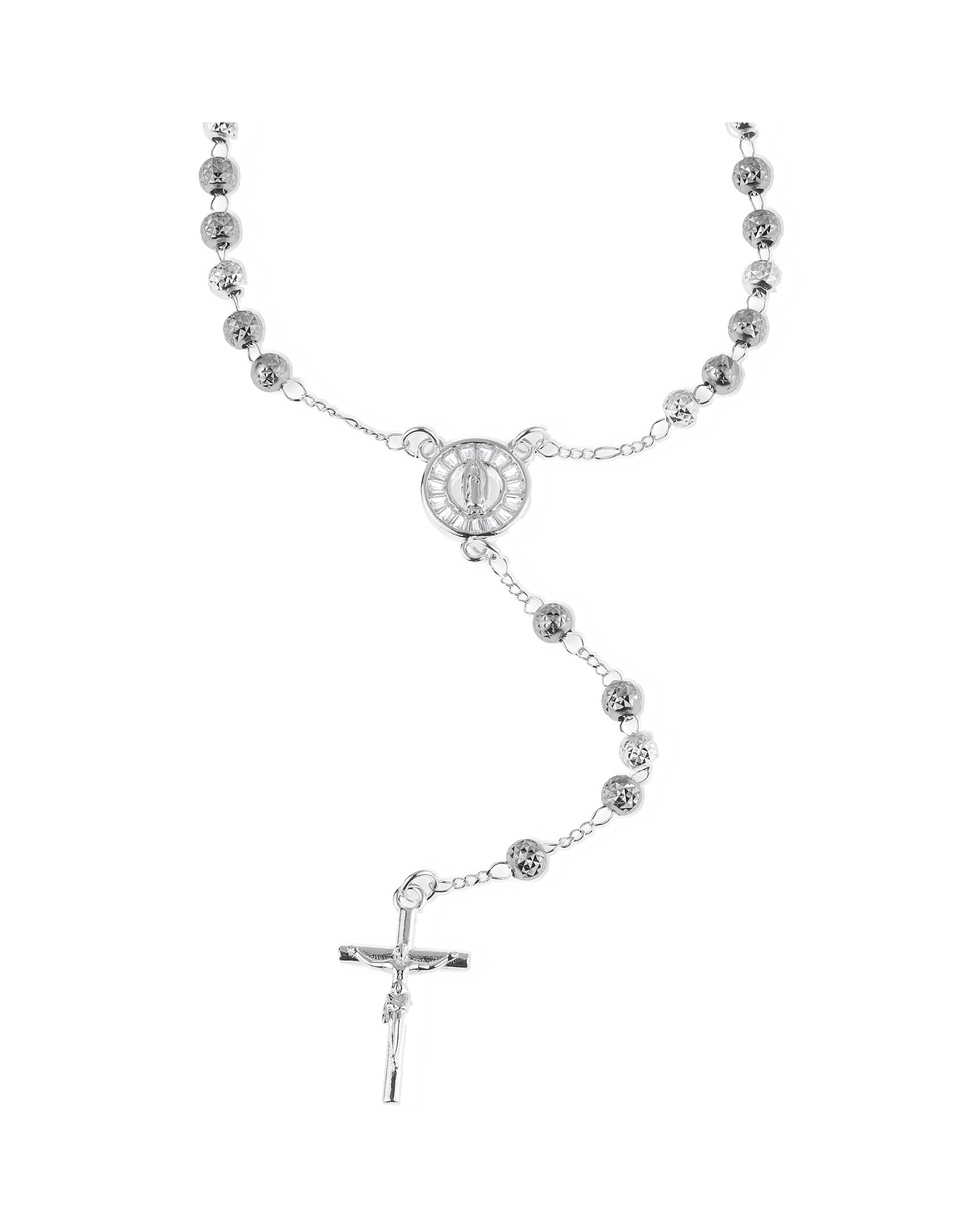 Rosario de Virgen de Guadalupe con circonia blanca 4mm en plateado