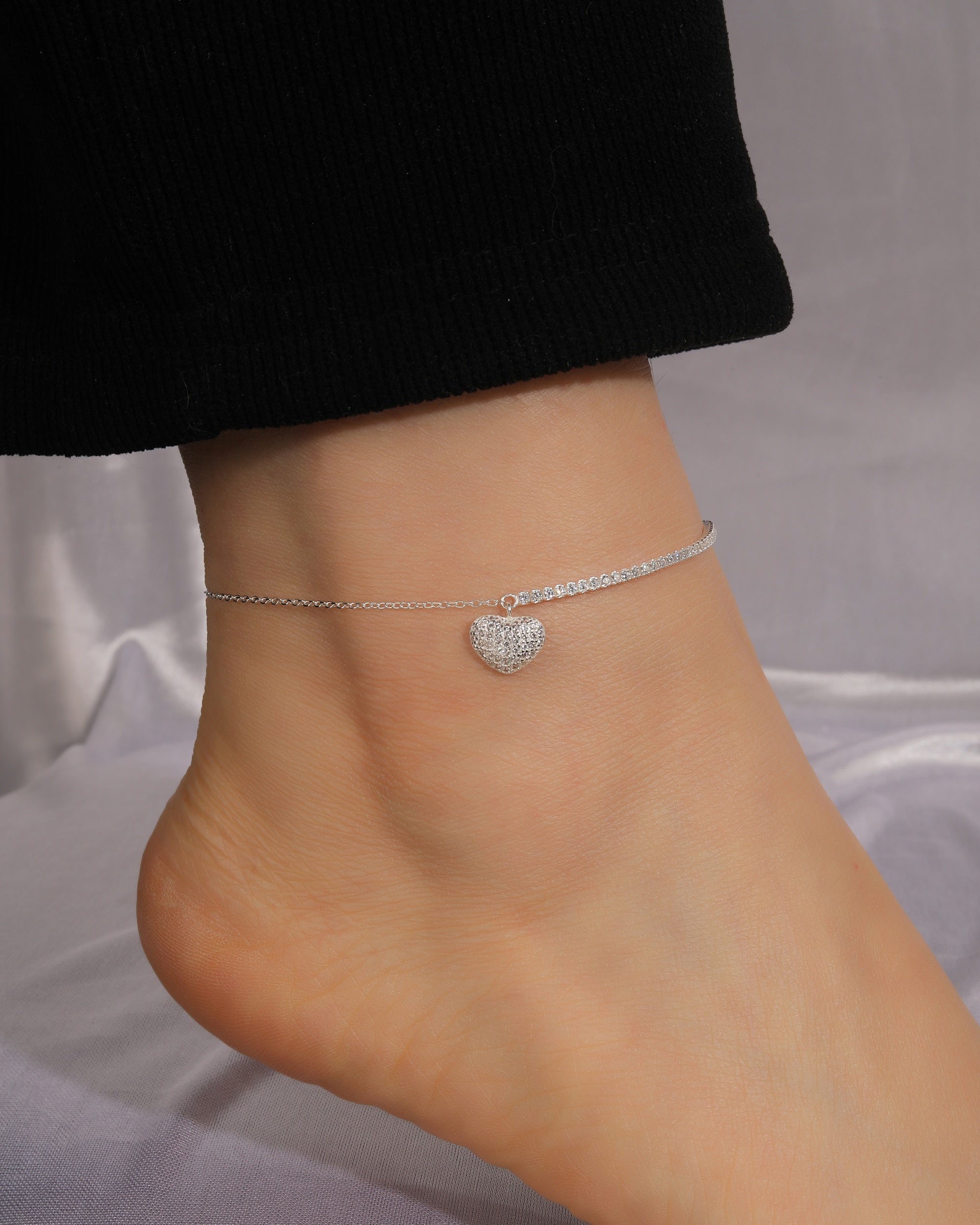 Tobillera cadena mixta de corazon con circonia blanca 23cm en plateado